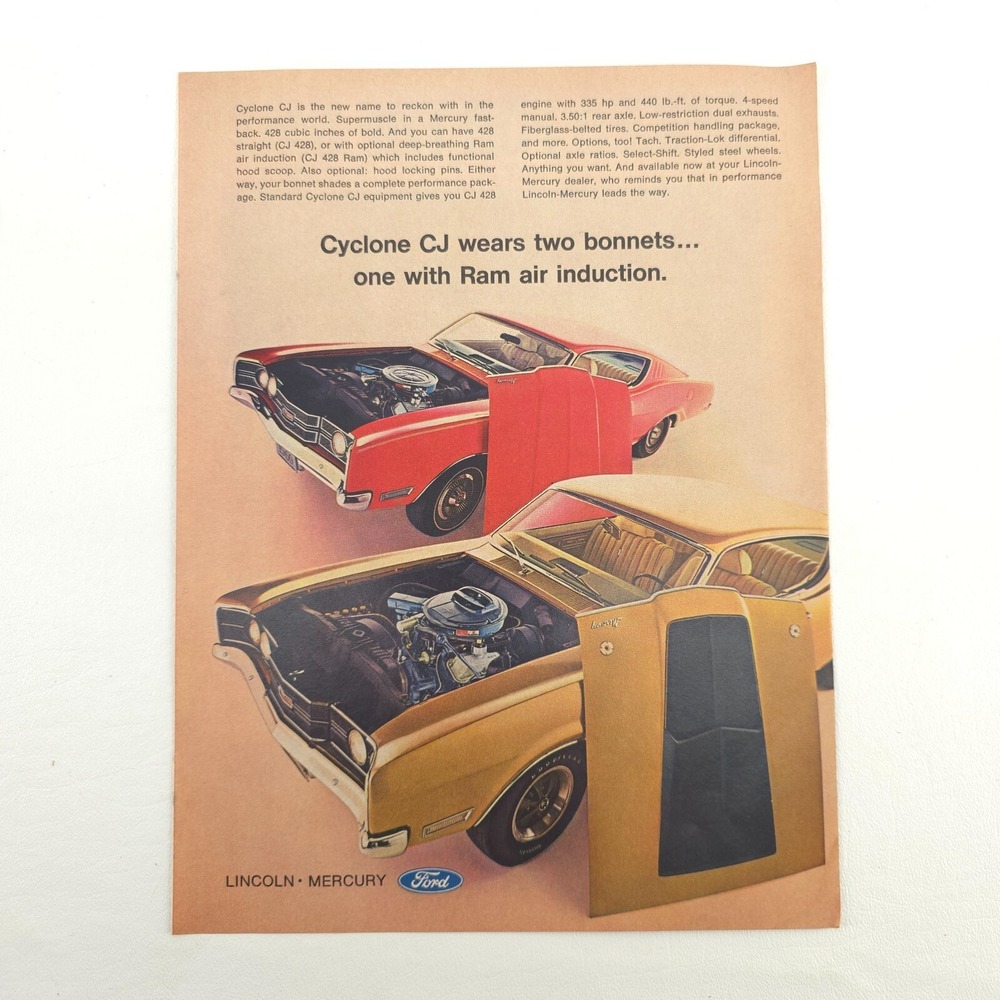 VTG Mercury Cyclone CJ Advertising Print Ad Ram Air Induction Promo Art Ford